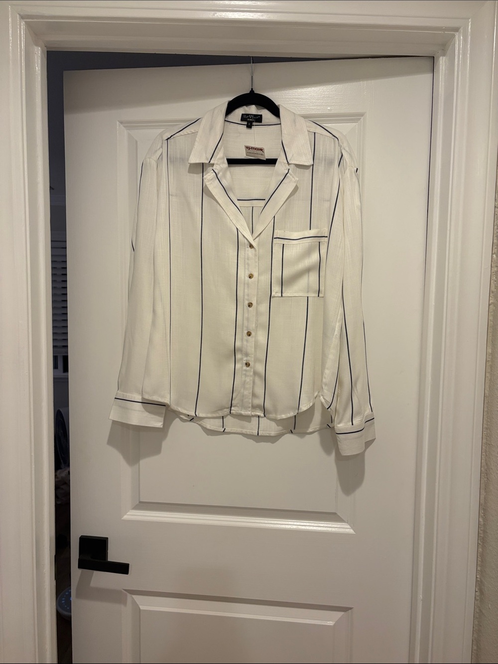 Velvet Heart White Button-Up Blouse with Navy Pinstripes